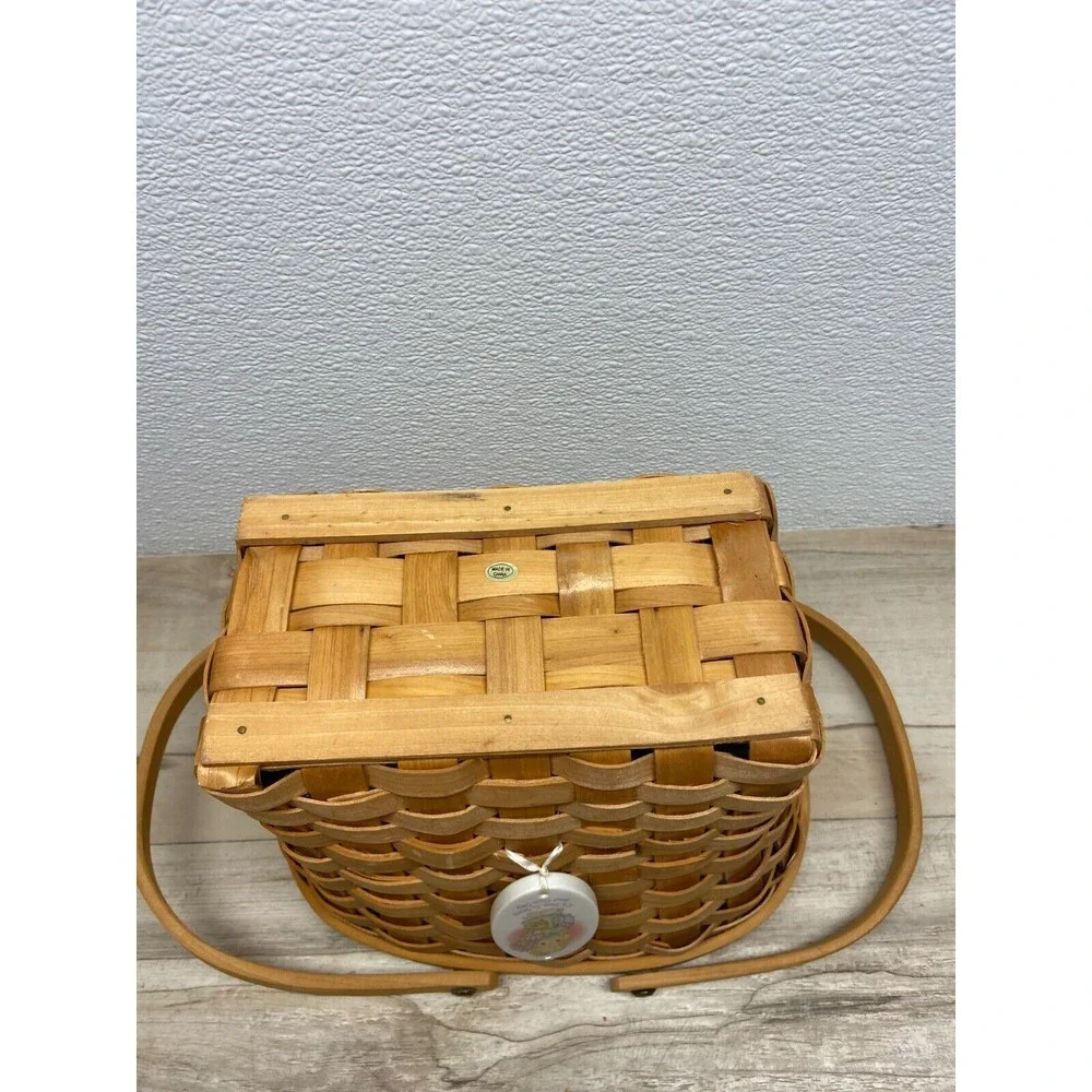 Precious Moments Double Folding Handle Wooden Basket With Porcelain Ornament